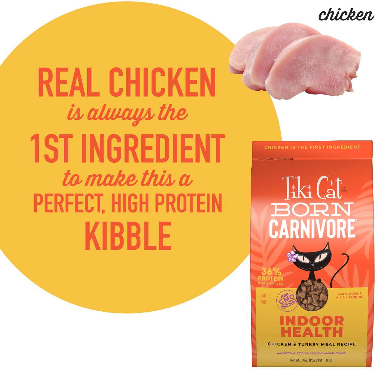 Tiki Cat Born Carnivore Grain Free Indoor Health Non-GMO Chicken and Turkey Dry Food