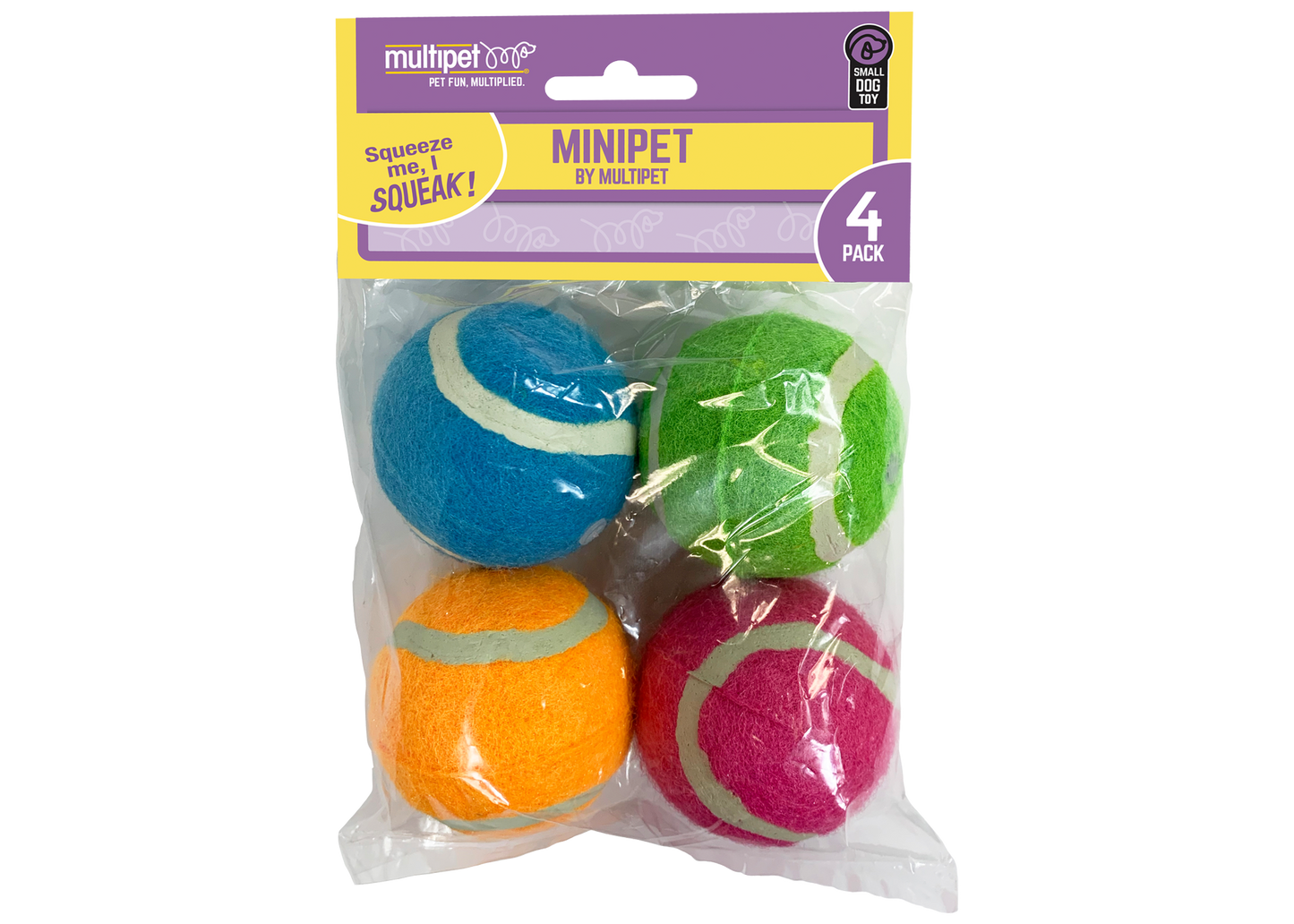 Multipet Minipet Squeaky Tennis Ball, 4 Pack