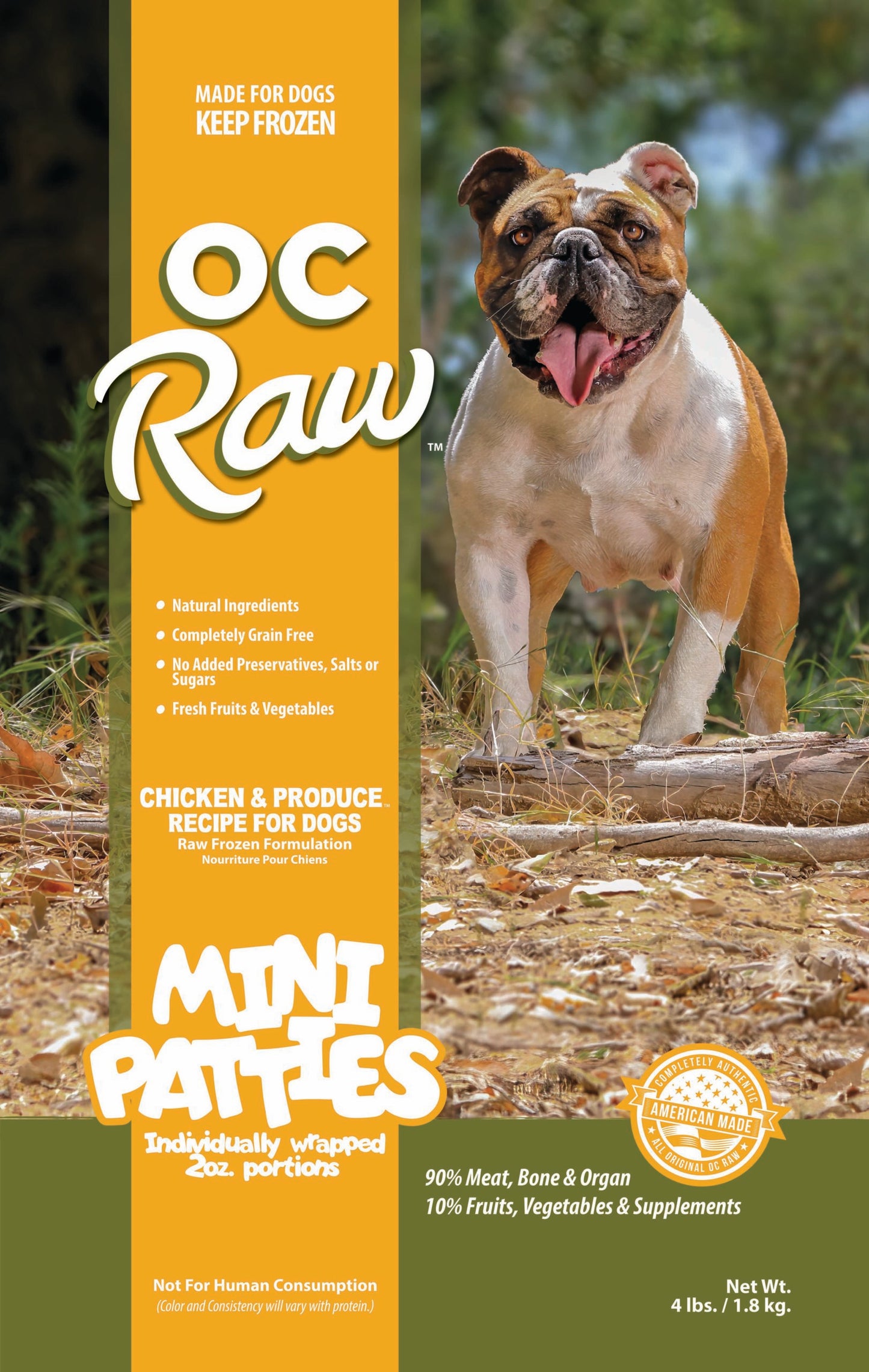 OC Raw Frozen Mini Patties, Chicken & Produce