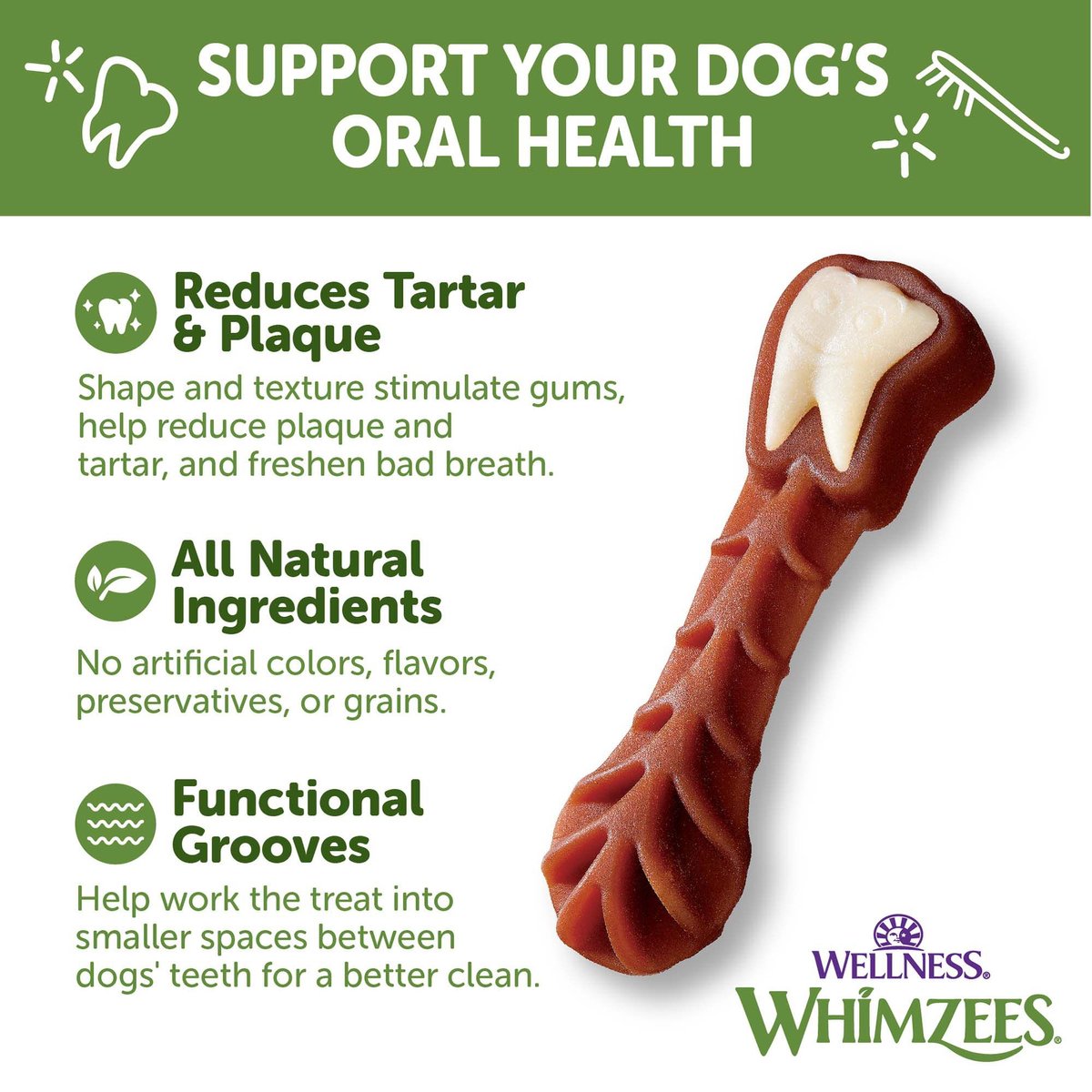 WHIMZEES by Wellness Brushzees Natural Grain-Free Dental Dog Treats, Medium