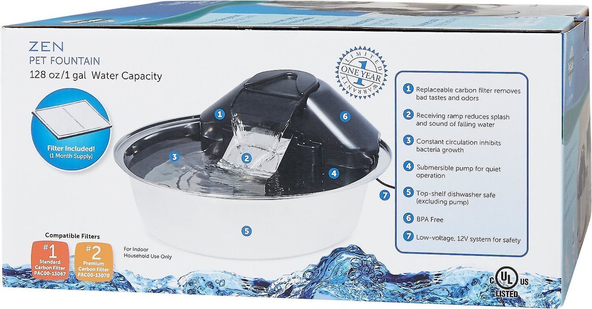 PetSafe Drinkwell Zen Stainless Steel Dog and Cat Water Fountain, 128-oz