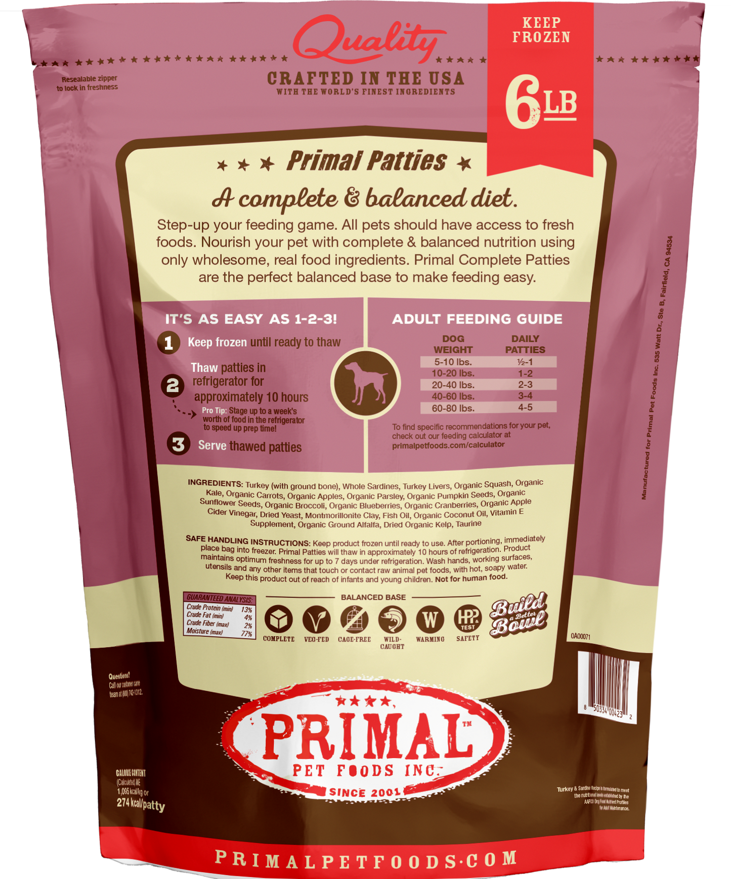 Primal Dog Raw Frozen Turkey and Sardine Patties