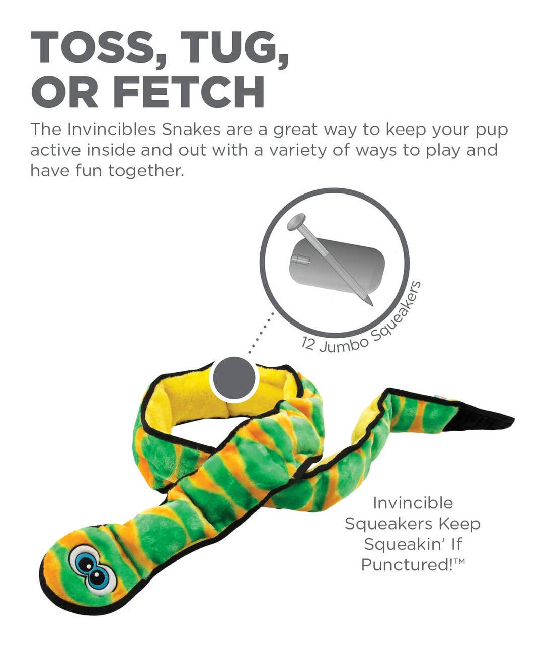 Outward Hound Invincibles Snake Durable Plush Toy, Green, XX-Large