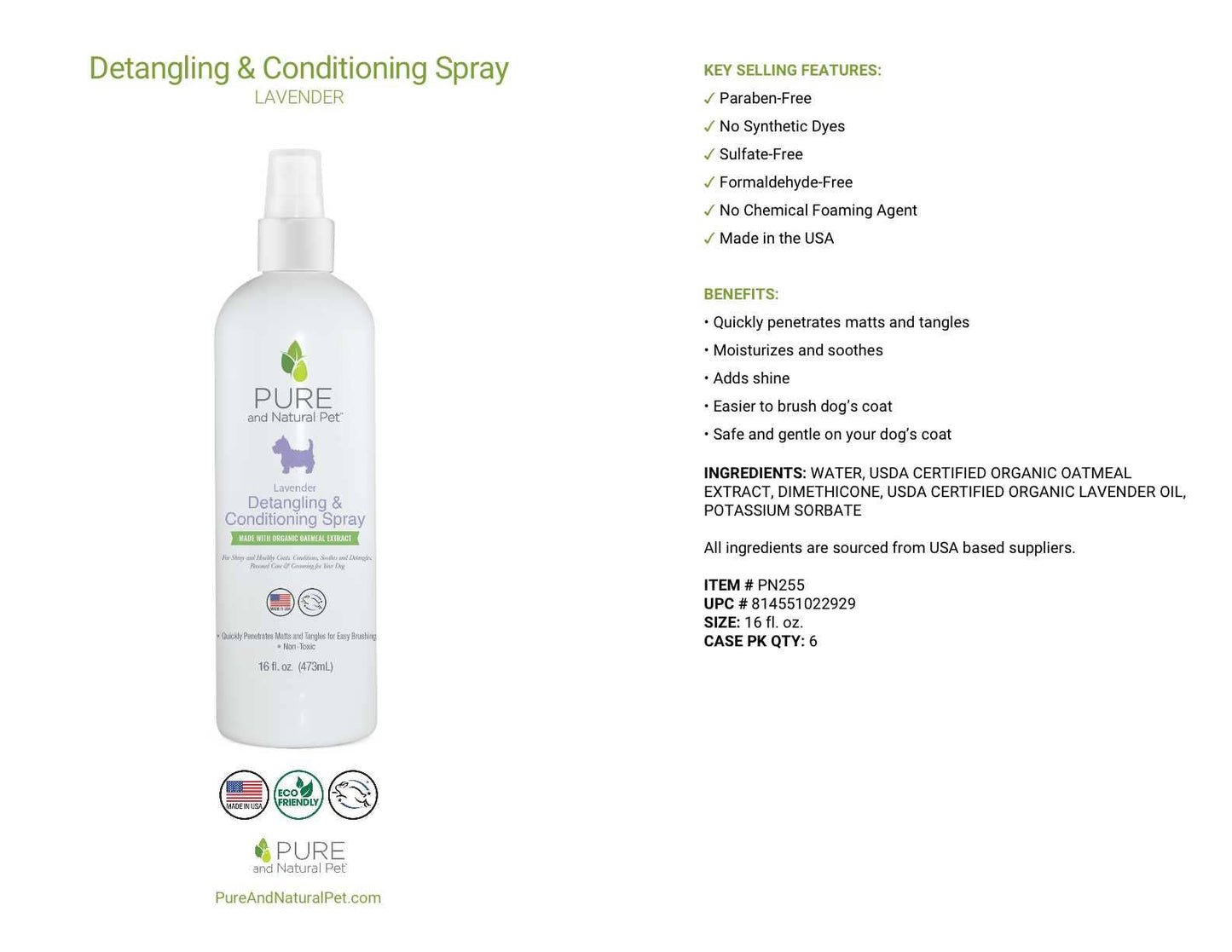Pure and Natural Pet Detangling and Conditioning Spray for Dogs