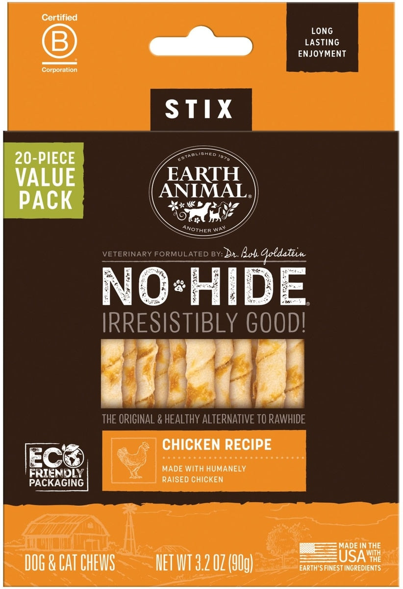 Earth Animal No-Hide Stix Chicken Recipe Rawhide Alternative Chew Dog & Cat Treat Sticks