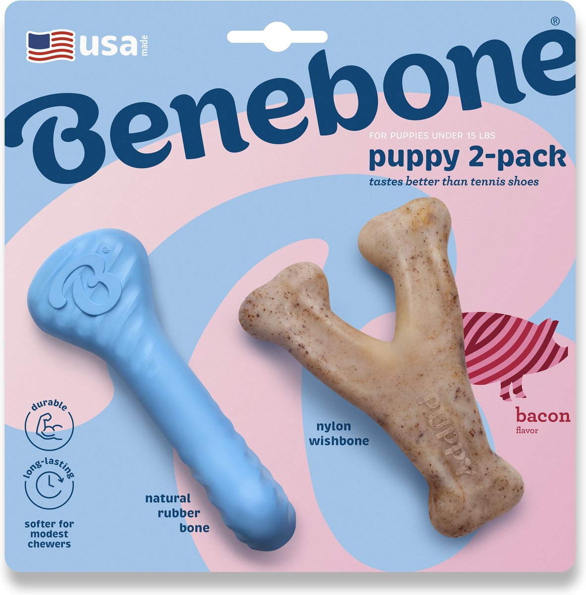 Benebone Rubber Bone/Wishbone Bacon Puppy Chew Toy (2-Pack)