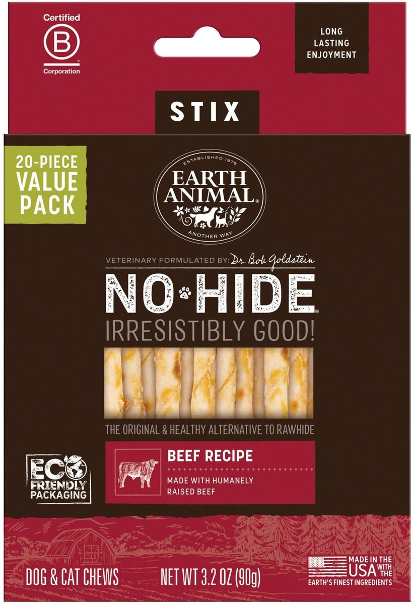 Earth Animal No-Hide Stix Beef Recipe Rawhide Alternative Chew Dog & Cat Treat Sticks