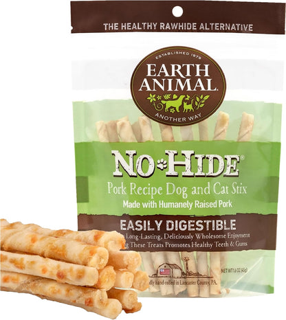 Earth Animal No-Hide Stix Pork Recipe Rawhide Alternative Chew Dog & Cat Treat Sticks