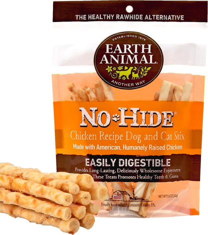 Earth Animal No-Hide Stix Chicken Recipe Rawhide Alternative Chew Dog & Cat Treat Sticks