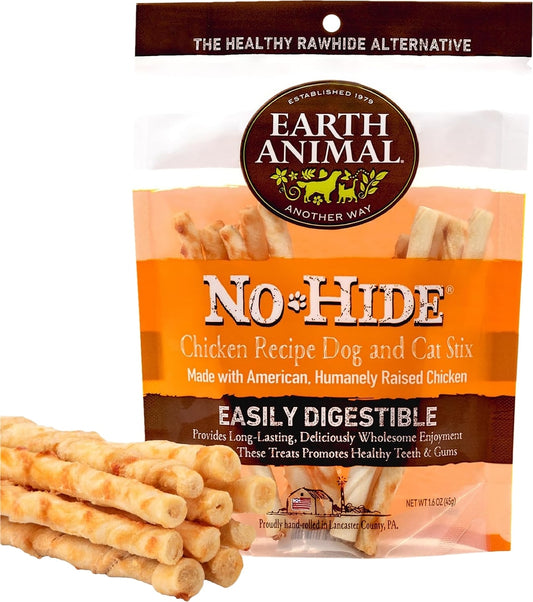 Earth Animal No-Hide Stix Chicken Recipe Rawhide Alternative Chew Dog & Cat Treat Sticks