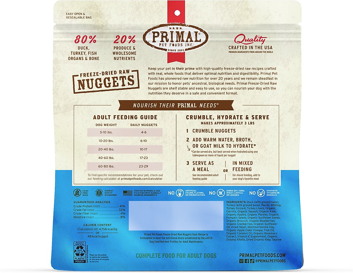 Primal Duck with Turkey & Fish Formula Nuggets Grain-Free Raw Freeze-Dried Dog Food