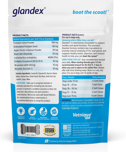 Vetnique Labs Glandex for Dogs Anal Gland Support Peanut Butter Flavored Pumpkin Fiber Soft Chew Supplement for Dogs