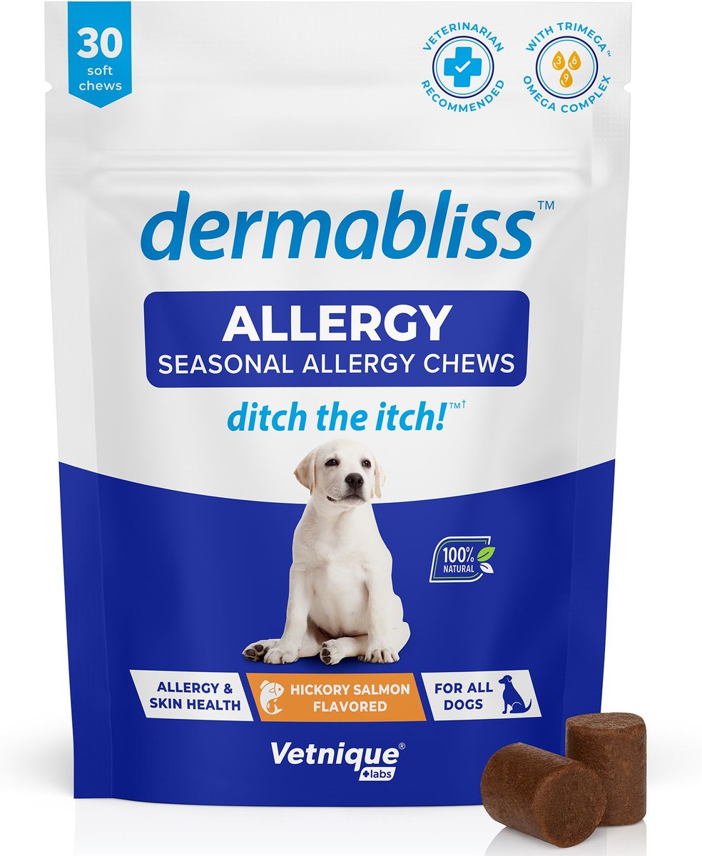 Vetnique Labs Dermabliss Salmon Flavored Allergy Support and Fish Oil Soft Chew Supplement for Dogs