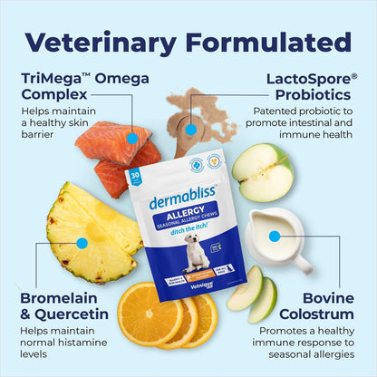 Vetnique Labs Dermabliss Salmon Flavored Allergy Support and Fish Oil Soft Chew Supplement for Dogs