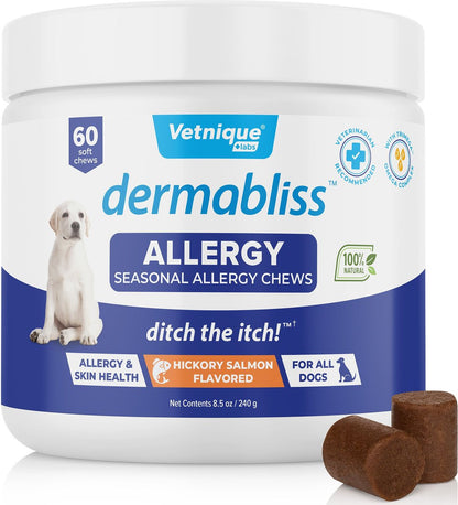 Vetnique Labs Dermabliss Salmon Flavored Allergy Support and Fish Oil Soft Chew Supplement for Dogs