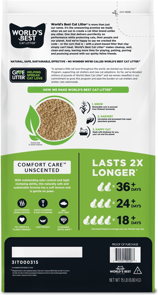 World's Best Comfort Care Unscented Clumping Corn Litter