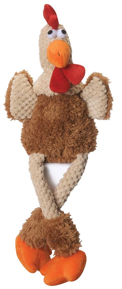 goDog Checkers Skinny Rooster Plush Dog Toy Brown, Small