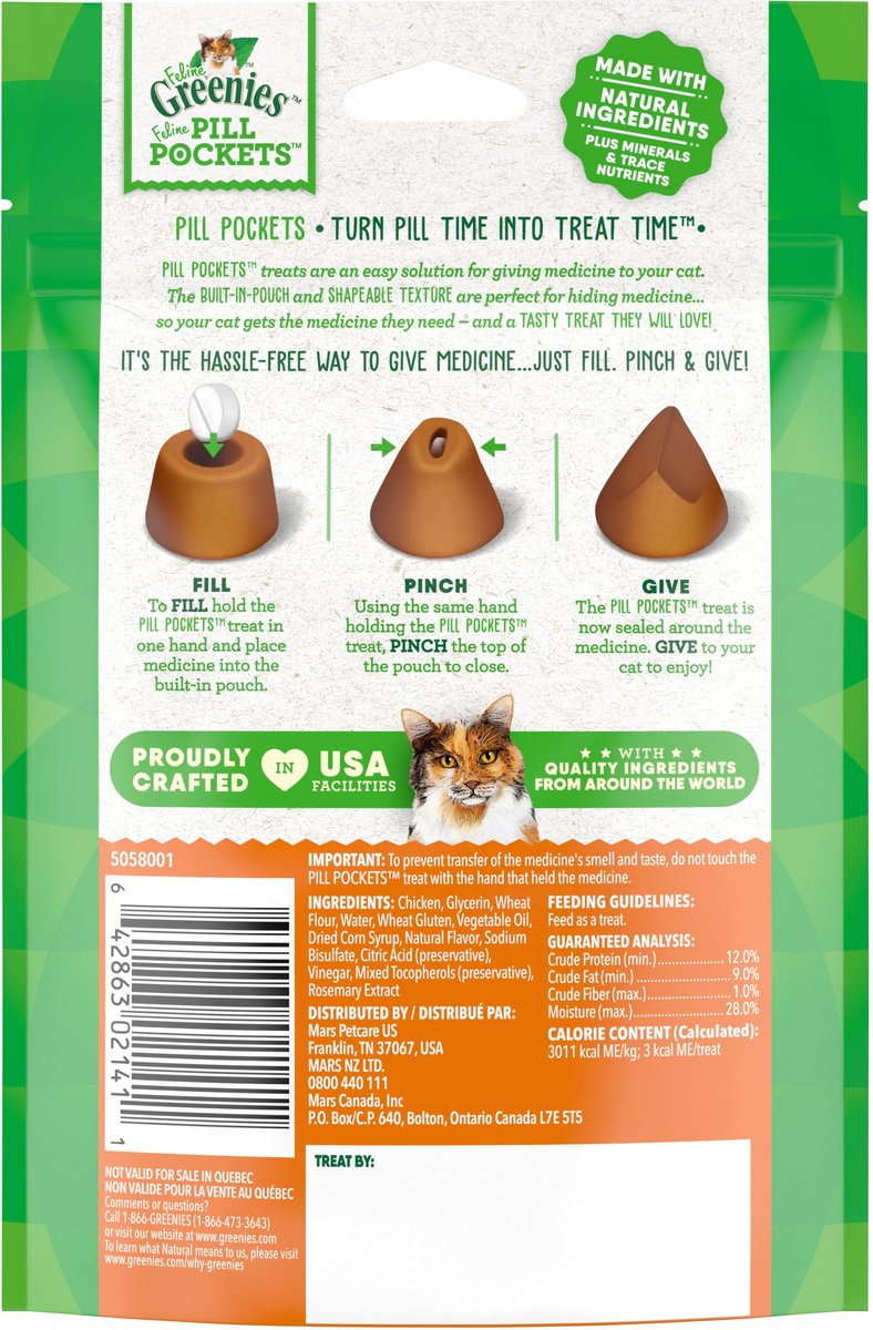 Greenies Pill Pockets Feline Chicken Flavor Natural Soft Adult Cat Treats