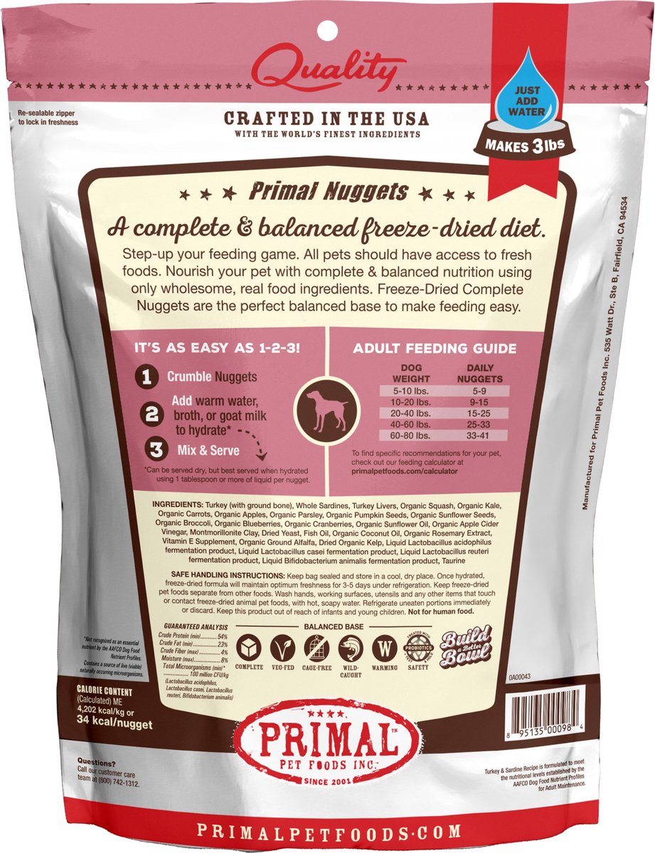 Primal Dog Freeze-Dried Grain Free Turkey and Sardine Recipe Nuggets