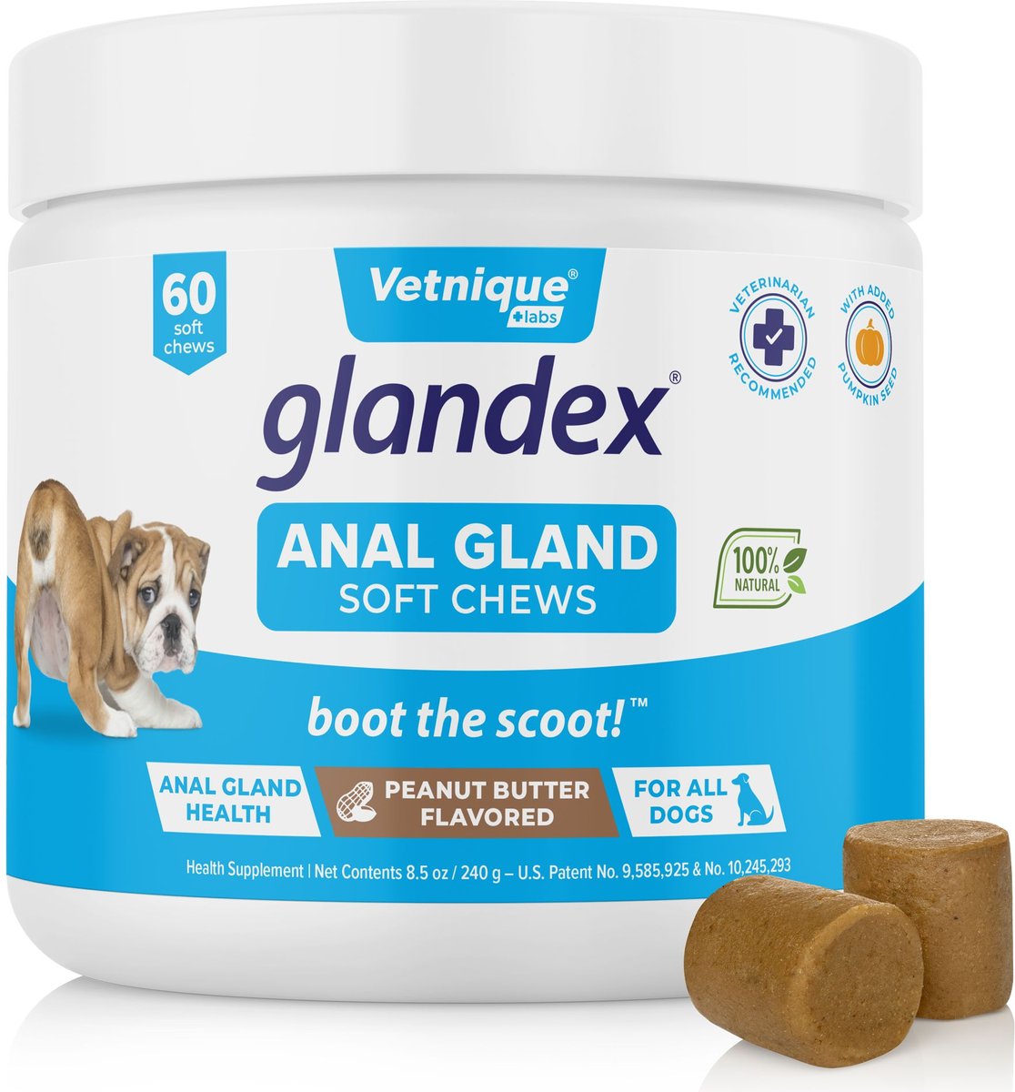 Vetnique Labs Glandex for Dogs Anal Gland Support Peanut Butter Flavored Pumpkin Fiber Soft Chew Supplement for Dogs