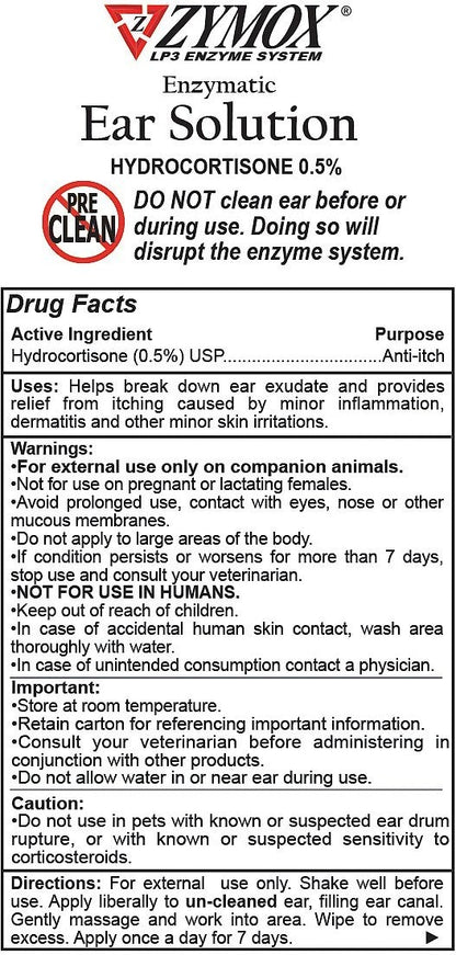 Zymox Ear Infection Solution with .5% Hydrocortisone for Dogs and Cats