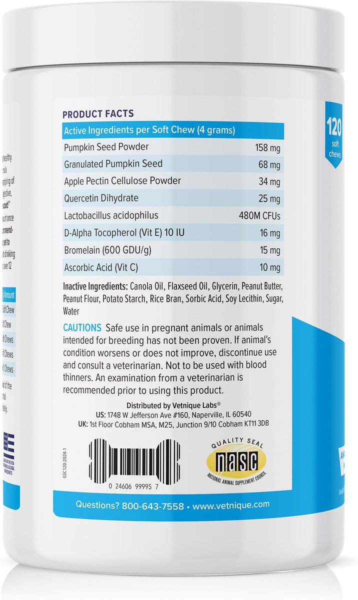 Vetnique Labs Glandex for Dogs Anal Gland Support Peanut Butter Flavored Pumpkin Fiber Soft Chew Supplement for Dogs