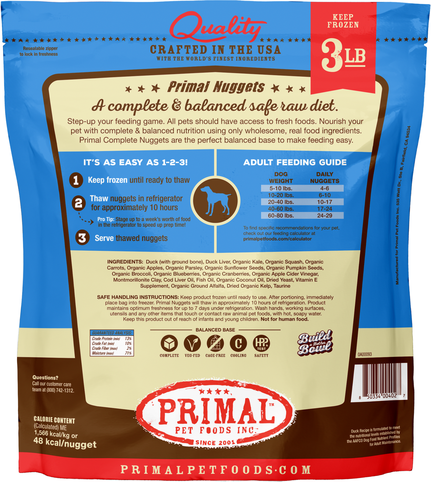 Primal Dog Raw Frozen Grain Free Duck Nuggets and Patties