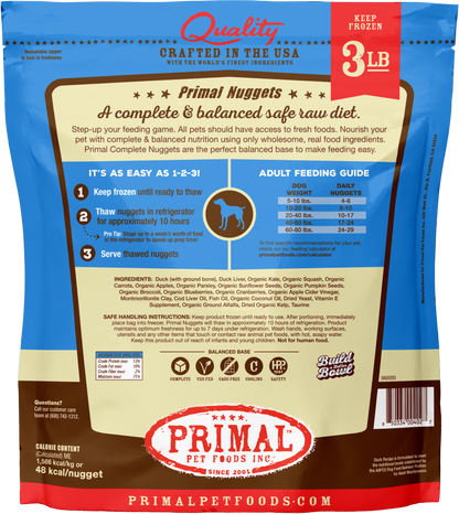 Primal Dog Raw Frozen Grain Free Duck Nuggets and Patties