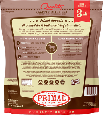 Primal Dog Raw Frozen Grain Free Pork Nuggets and Patties