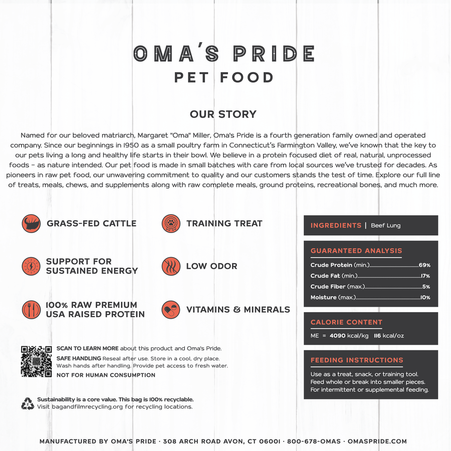 Oma's Pride Freeze Dried Beef Lung Treat for Dogs and Cats