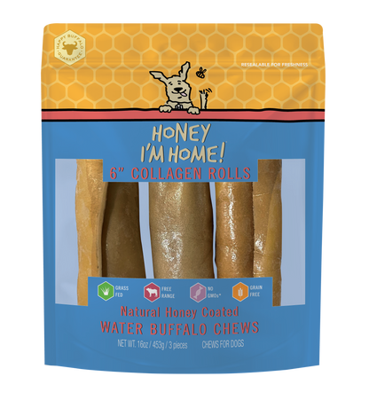 Honey I'm Home Dog Buffalo Collagen Roll 6 inch, 3 pack