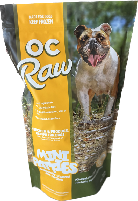 OC Raw Frozen Mini Patties, Chicken & Produce
