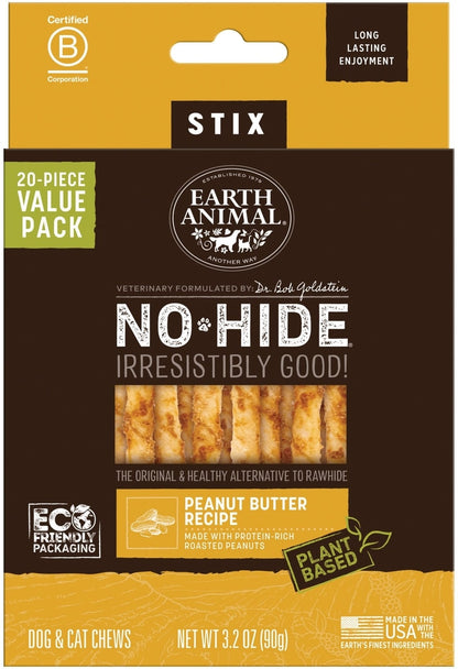 Earth Animal No-Hide Stix Peanut Butter Recipe Rawhide Alternative Chew Dog & Cat Treat Sticks