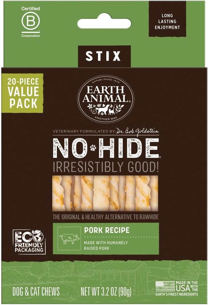 Earth Animal No-Hide Stix Pork Recipe Rawhide Alternative Chew Dog & Cat Treat Sticks