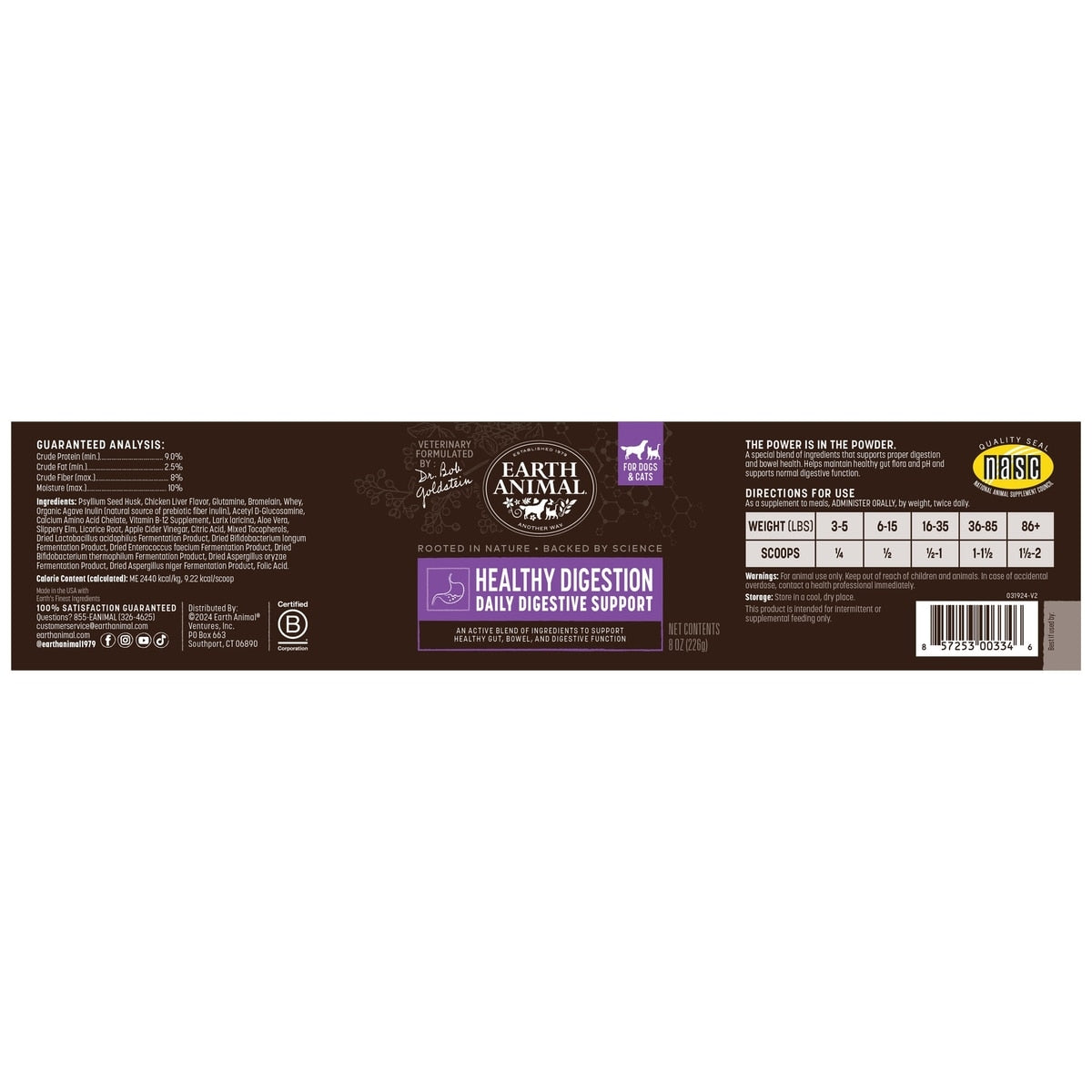 Earth Animal Apothecary Healthy Digestion Digestive Nutritional Probiotic Powder Supplement for Dogs & Cats