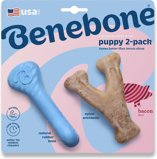 Benebone Rubber Bone/Wishbone Bacon Puppy Chew Toy (2-Pack)