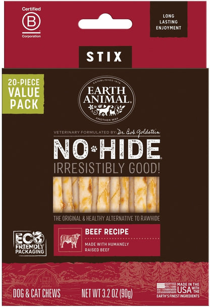 Earth Animal No-Hide Stix Beef Recipe Rawhide Alternative Chew Dog & Cat Treat Sticks