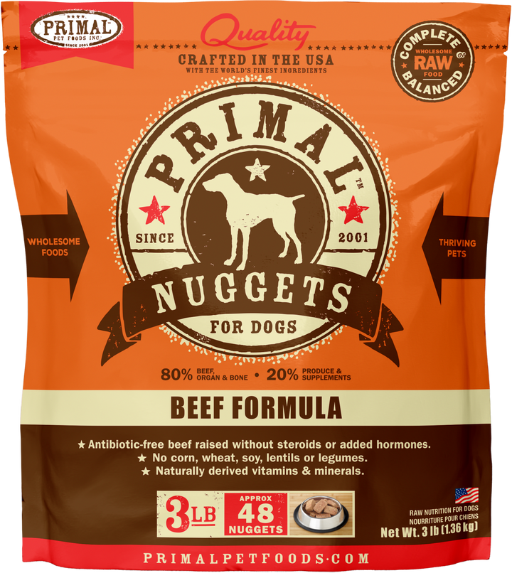 Primal Dog Raw Frozen Grain Free Beef Nuggets and Patties