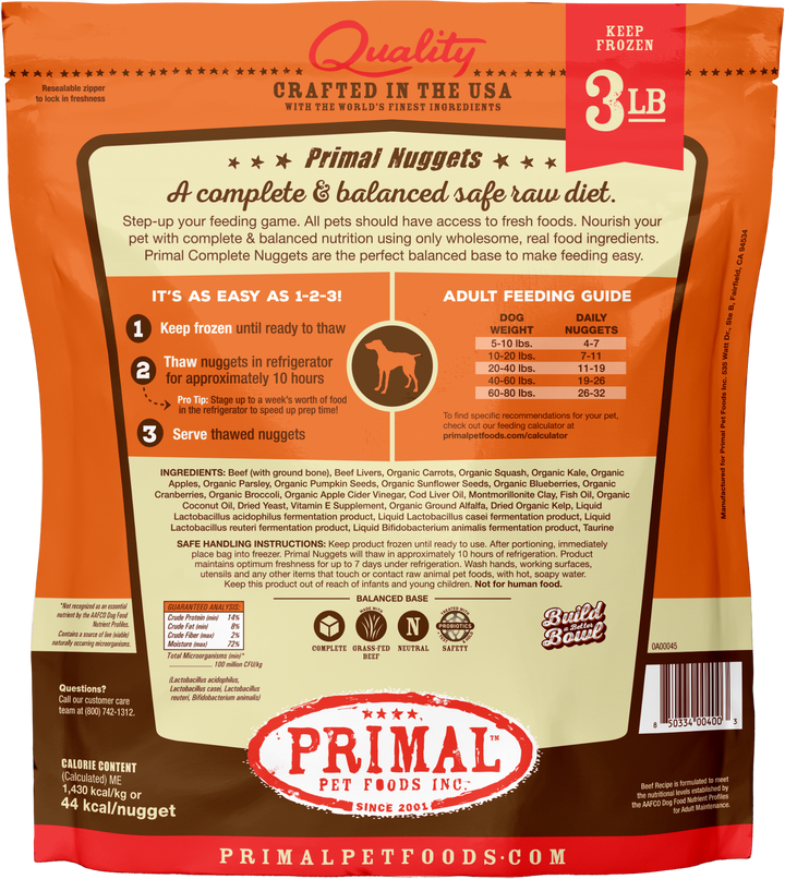 Primal Dog Raw Frozen Grain Free Beef Nuggets and Patties